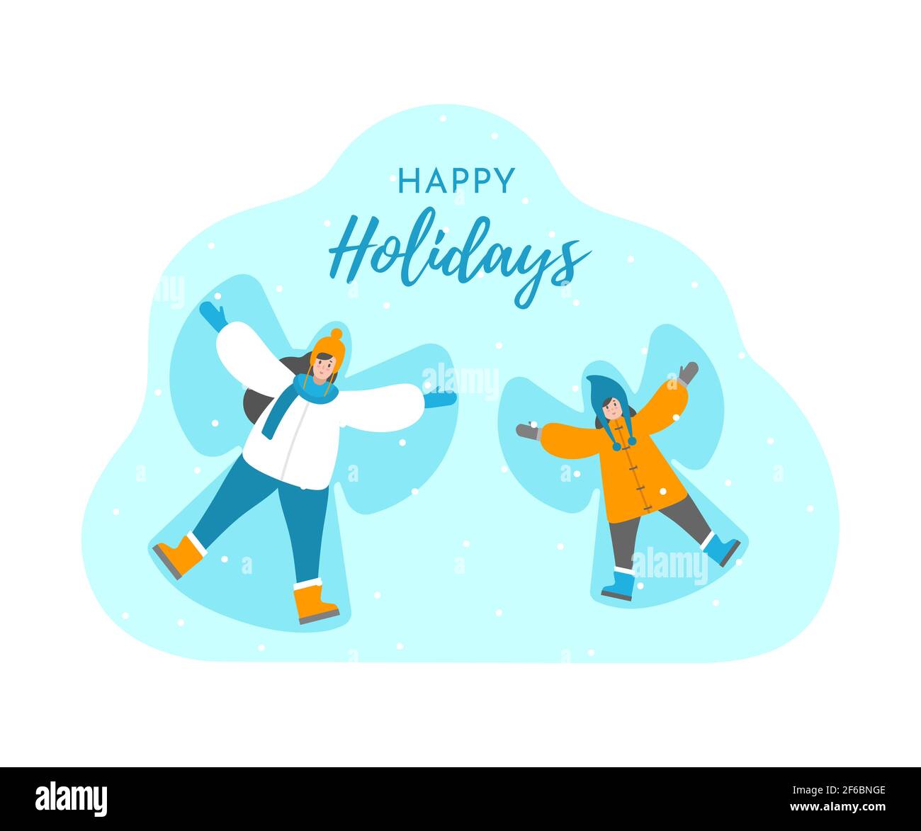 Concept d'isolation vectorielle dans un style plat. Carte de Noël avec texte « Wishing Happy Holidays ». Maman et fille se reposent sur le dos dans la neige et font l'ange de la neige. Drôle Illustration de Vecteur