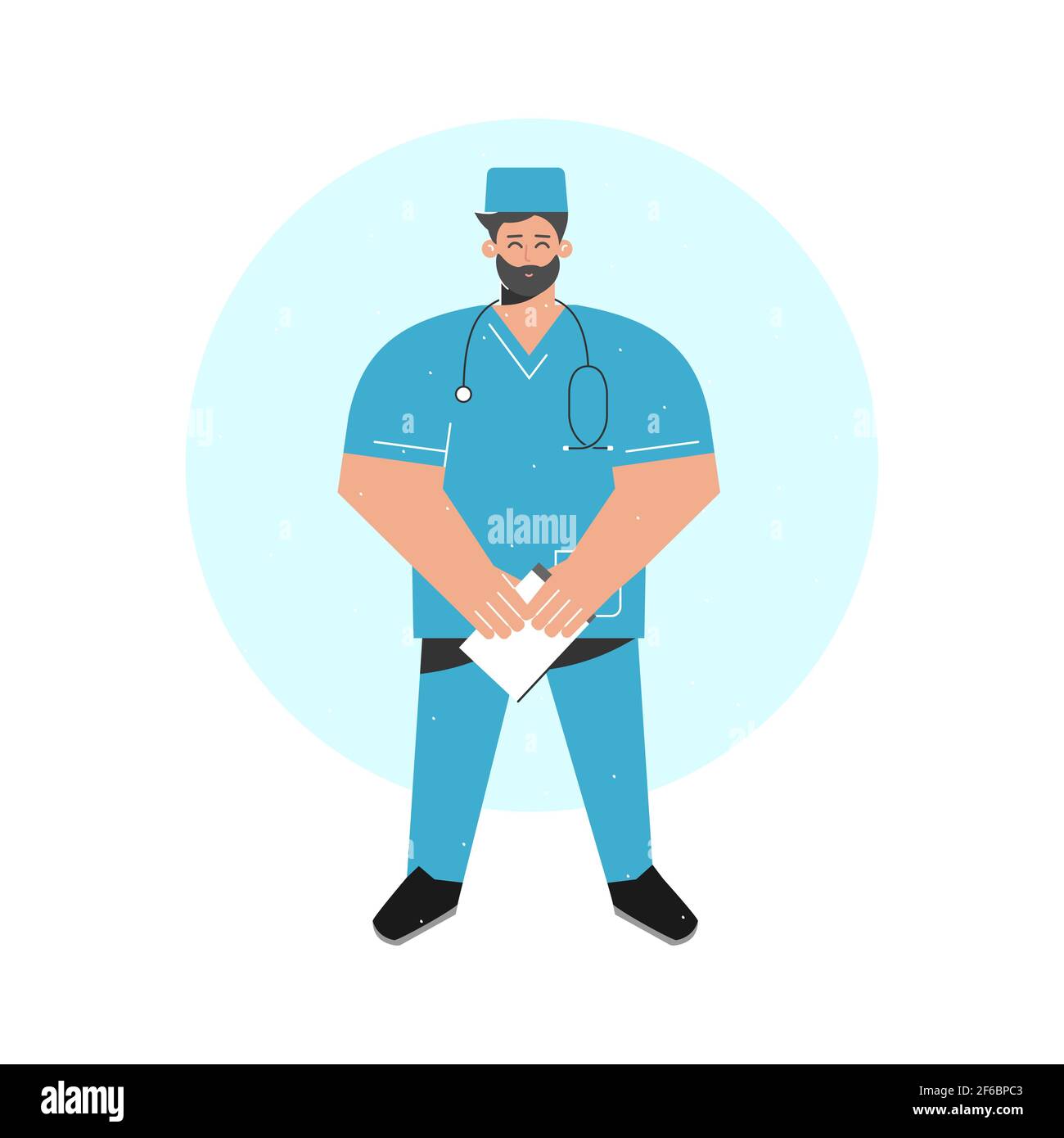 Vecteur concept de dessin animé isolé avec dossier de la carte de conservation du médecin pour les notes. L'infirmière souriante (homme) est vêtue d'un uniforme médical bleu Illustration de Vecteur