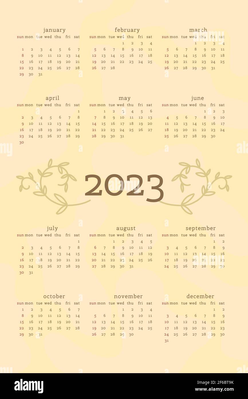 Calendrier 2023 dans un style tendance et naturel délicat décoré de feuilles de branches fleuries à la main. Format vertical. Couleur vert pastel clair. La semaine commence le dimanche. Illustration de Vecteur