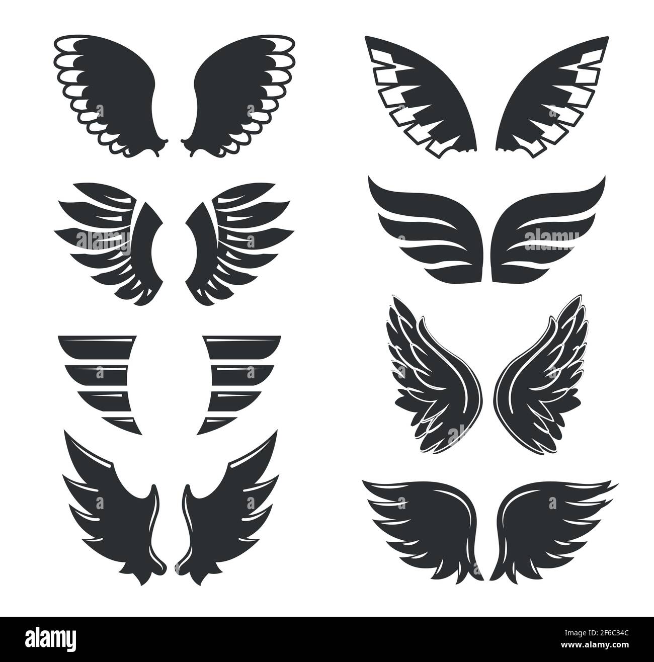 Ensemble d'ailes d'oiseau ou d'ange dessinées à la main de forme différente en position ouverte. Caniche profilée Illustration de Vecteur