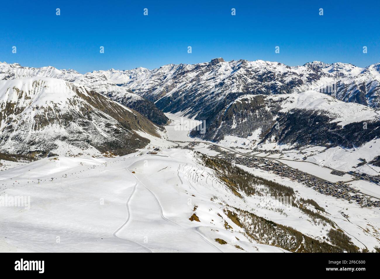 Livigno, Valtellina, Italie, Panorama aérien d'hiver Banque D'Images