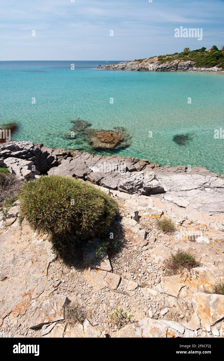 acqua cristallina, sabbia bianca e rocce colorate à la plage de la Bobba, Carloforte, île de San Pietro, Sardaigne Banque D'Images