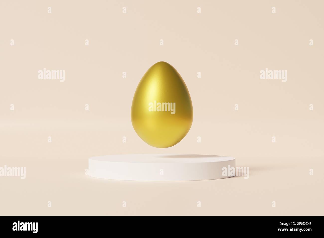 Oeuf de Pâques décoré d'or sur podium blanc, fond beige, carte de vacances du printemps avril, rendu d'illustration 3d Banque D'Images