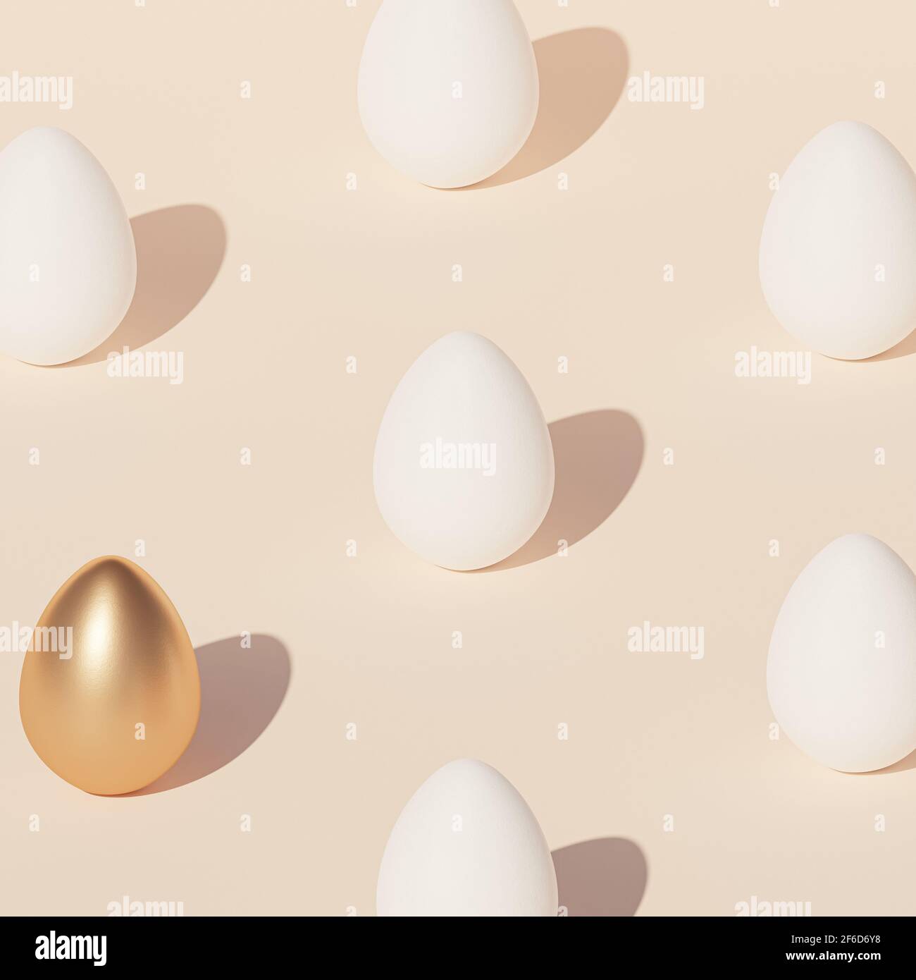 Motif d'oeufs de Pâques blancs et un oeuf décoré d'or, fond beige, carte de vacances du printemps avril, rendu d'illustration 3d isométrique Banque D'Images