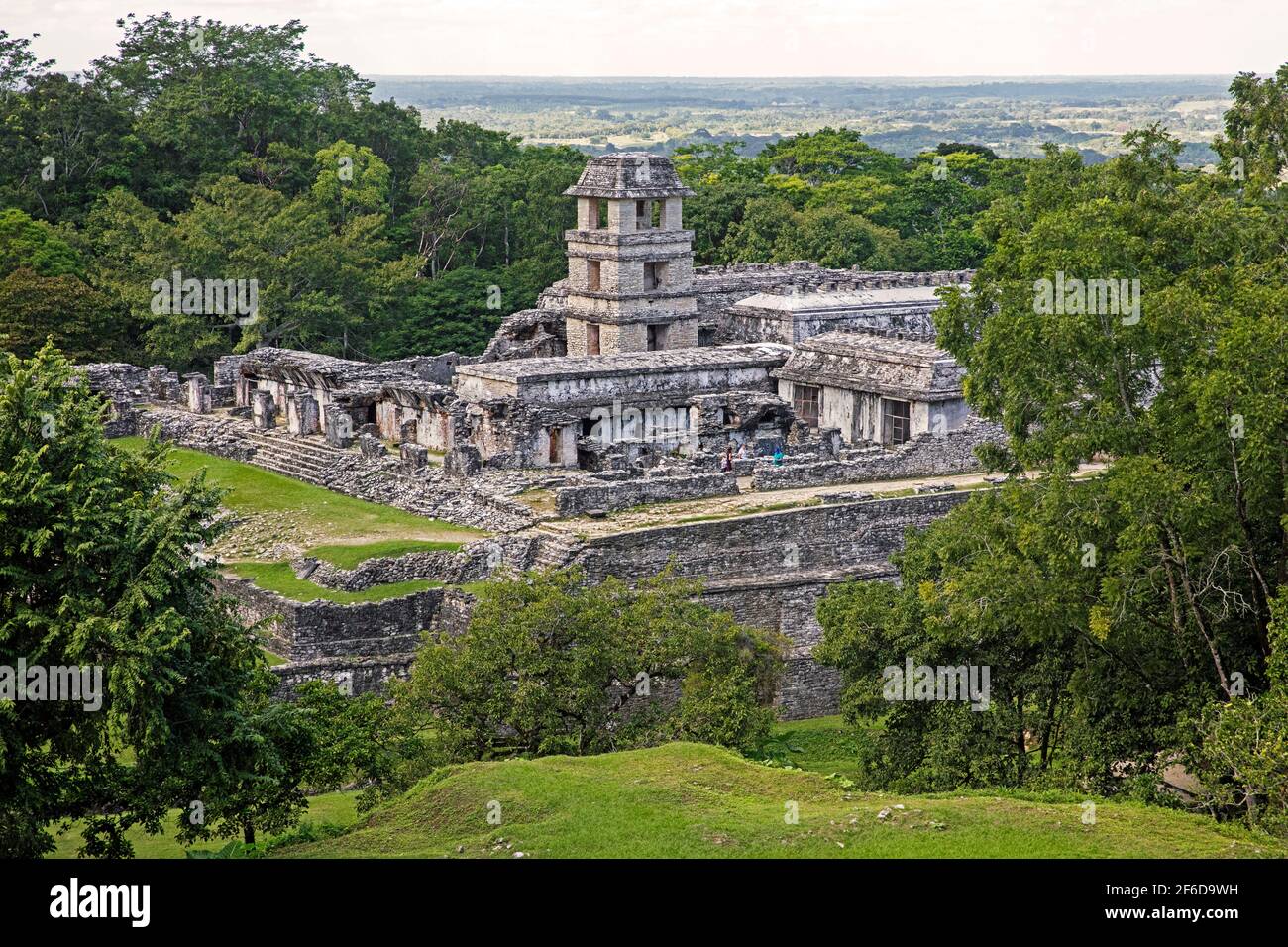 Palais avec tour d'observation au site de la civilisation maya pré-colombienne de Palenque, Chiapas, au sud du Mexique Banque D'Images