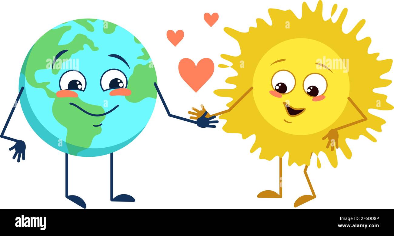 Ensemble de caractère mignon de la planète terre et le soleil avec différentes émotions, visage, bras et jambes Illustration de Vecteur