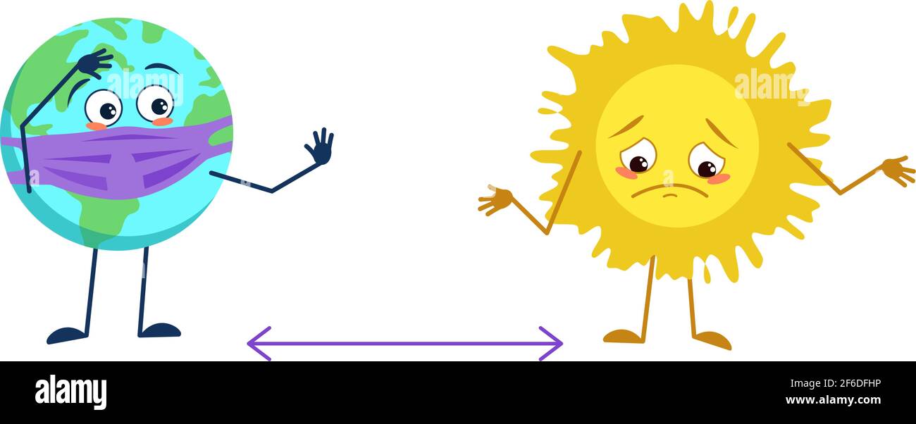 Adorable planète terre caractère avec masque garde la distance de triste dim Illustration de Vecteur