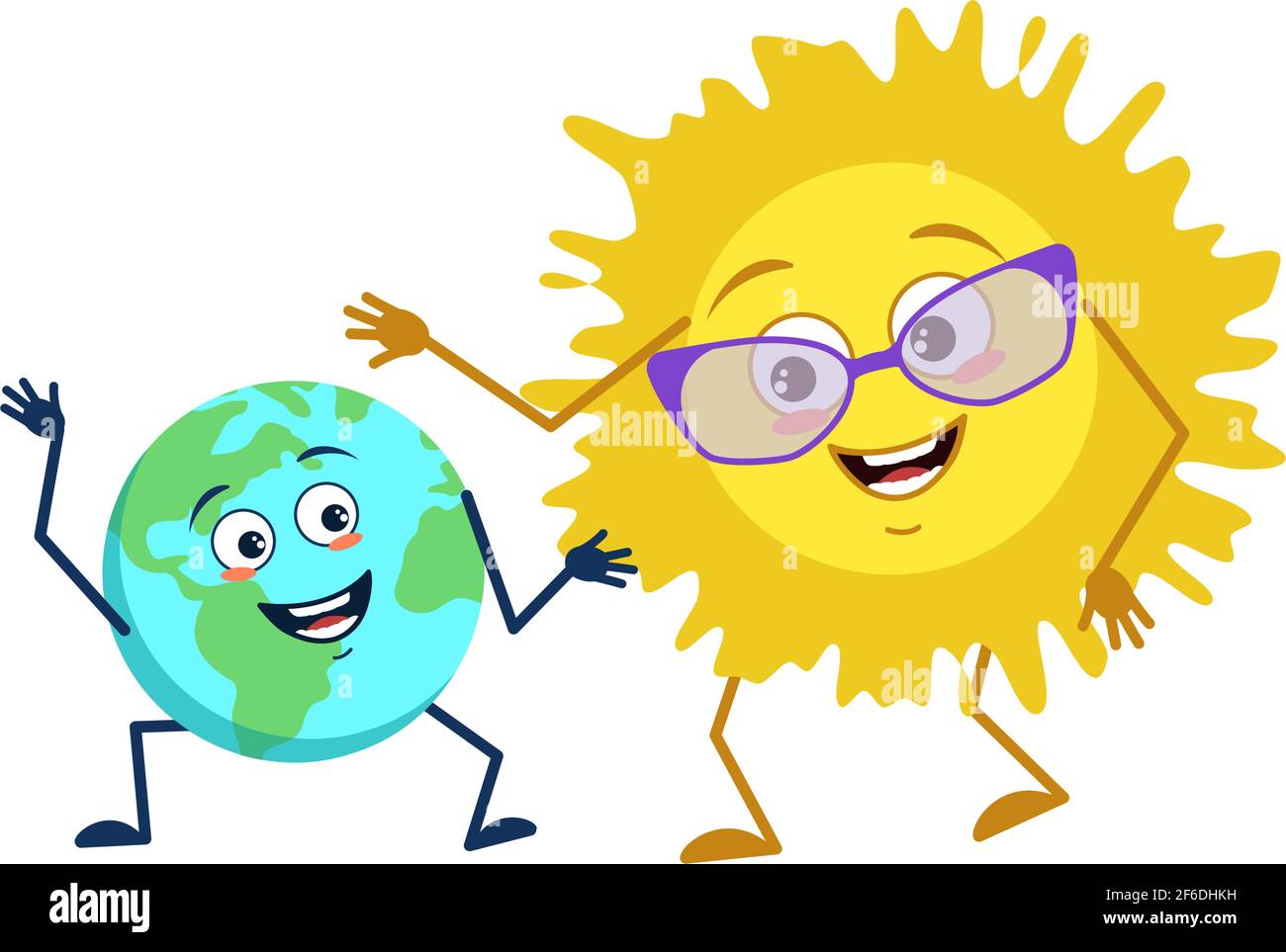 Grand-mère Happyl soleil en lunettes et petit-fils dansant planète terre avec des visages, des bras et des jambes Illustration de Vecteur