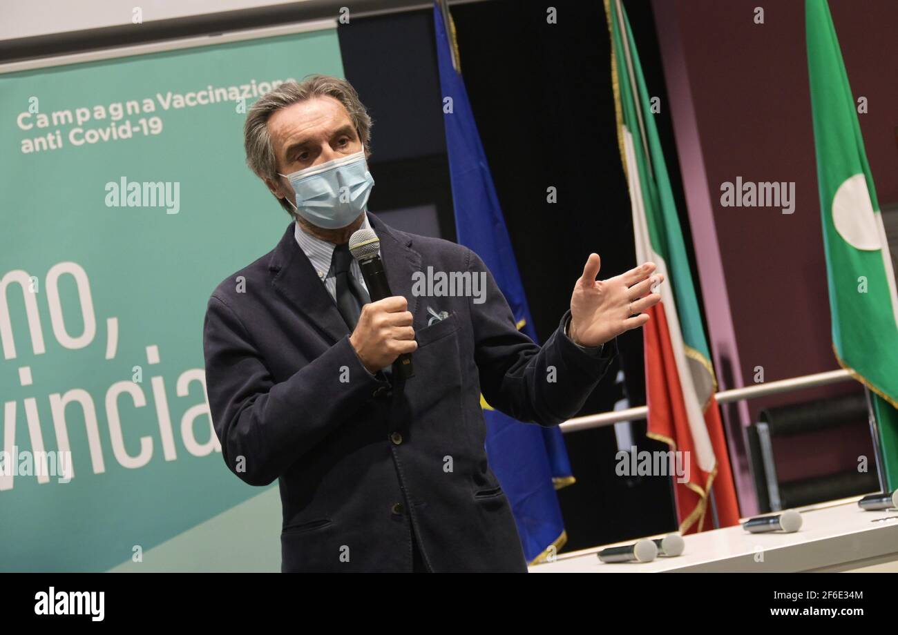 Milan, Italie. 31 mars 2021. Milan, Italie en référence à la visite dans les centres de vaccination en Lombardie avec la présence du général Francesco Paolo Figliuolo (Commissaire extraordinaire pour l'urgence Covid) et Fabrizio Curcio (Chef du Département de la protection civile) Président Attilio Fontana, Vice-Président Letizia Moratti, Le Conseiller pour la protection Pietro Foroni réunion de presse dans la photo: Attilio Fontana Président de la région Lombardie crédit: Agence de photo indépendante/Alamy Live News Banque D'Images