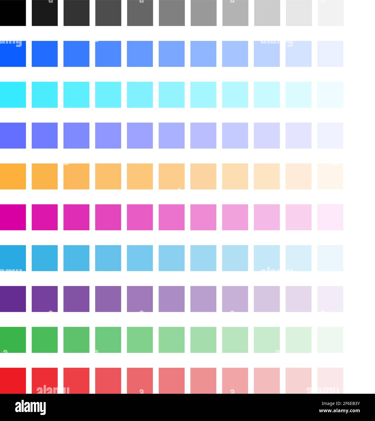 Les couleurs définissent l'atténuation du spectre dans la transparence. Palette de couleurs. Illustration de carrés colorés avec noir, bleu, bleu sarcelle, violet, jaune, rose, violet, rouge c Illustration de Vecteur