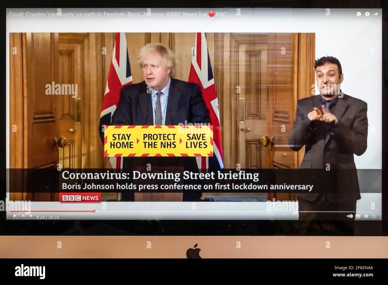 Boris Johnson tient une conférence de presse de Downing Street sur le premier anniversaire de confinement du coronavirus. ROYAUME-UNI. Banque D'Images