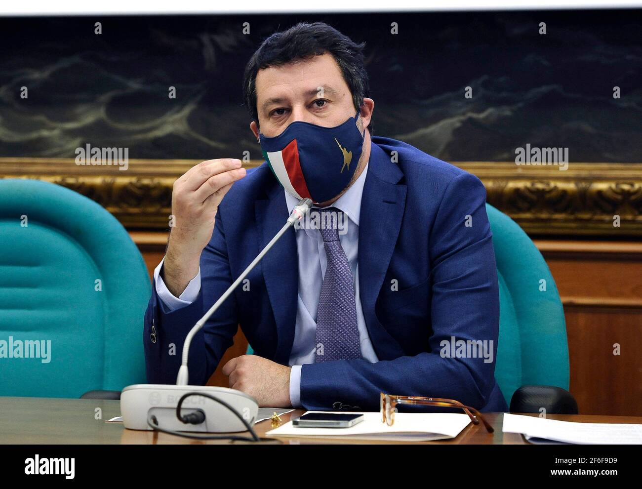 Italie, Rome, 31 mars 2021 : Matteo Salvini, le chef du parti Lega, portant le masque, assiste à une conférence de presse sur le projet South Italy. Photo © Fabio Cimaglia/Sintesi/Alamy Live News Banque D'Images