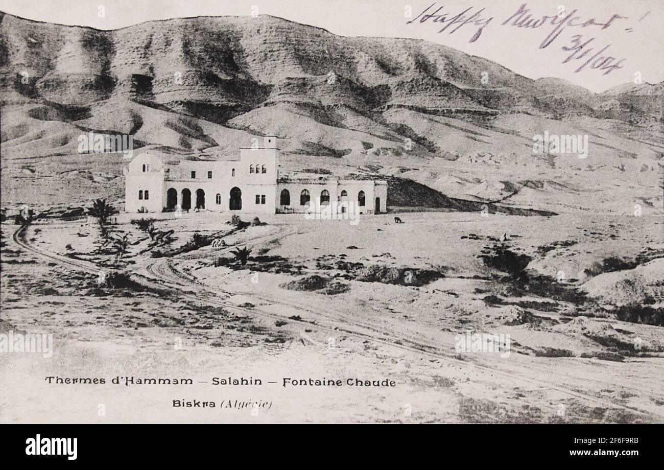 Carte postale vers 1904 intitulée 'Thermes d'hammam - Salahin - Fontaine Chaude - Biskra (Algerie)' Banque D'Images
