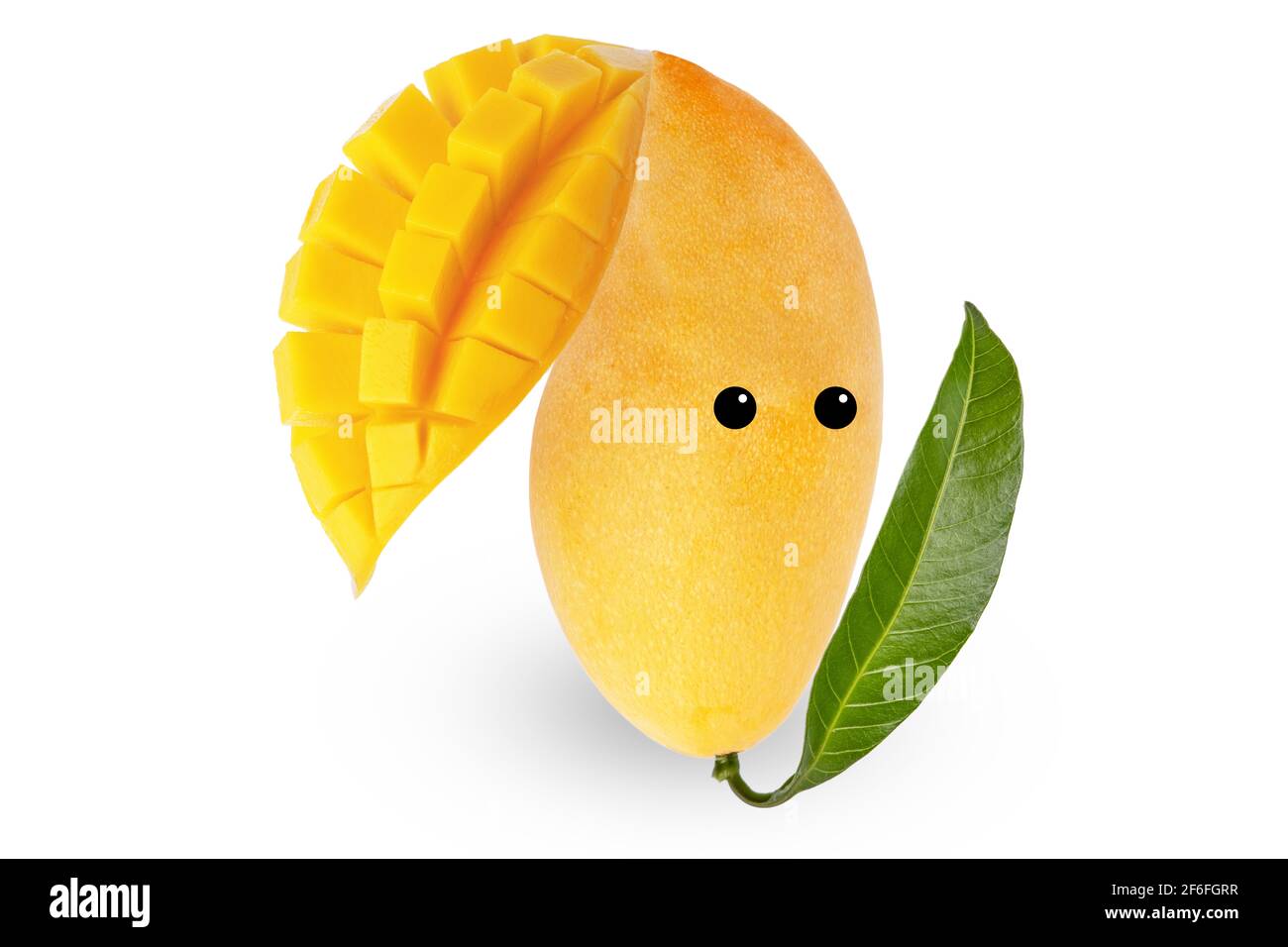 Dessin animé Collage de mangue. À partir de morceaux de mangue hachés et de feuille verte. Il est pensé pour les enfants, pour un bon appétit. Banque D'Images