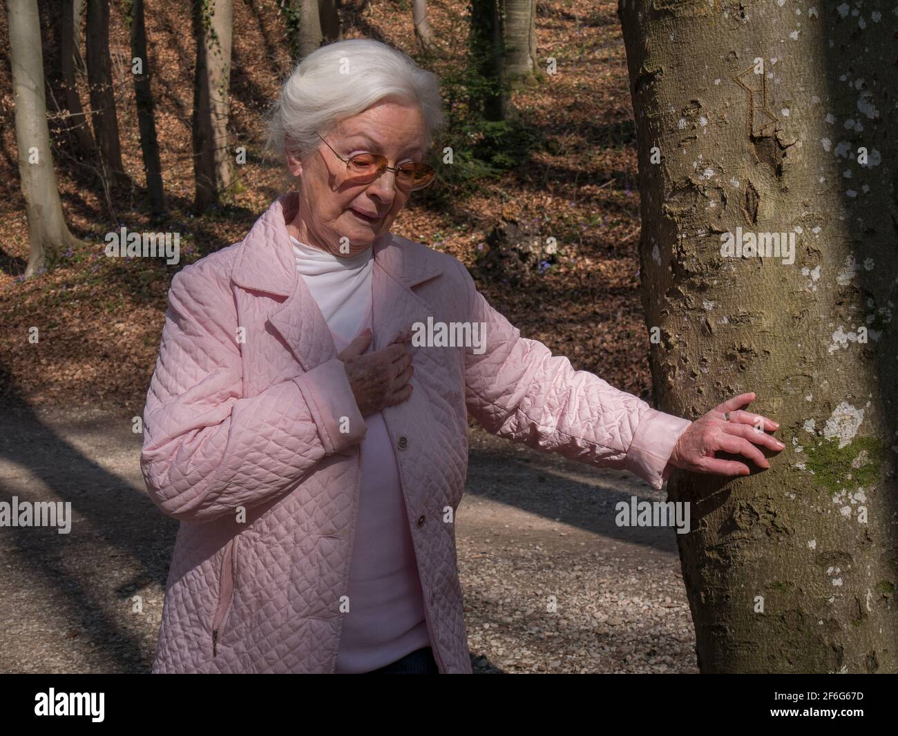 Femme âgée ayant des problèmes cardiaques après avoir marché dans le parc Banque D'Images