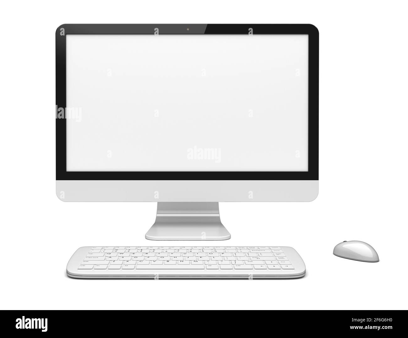Ordinateur de bureau avec grand moniteur, clavier et souris et écran vierge. Isolé sur blanc. image de rendu 3d Banque D'Images