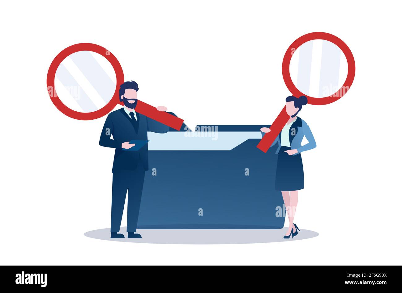 Vecteur d'un homme d'affaires et d'une femme d'affaires avec loupe dans les fichiers de recherche dans un dossier de données. Illustration de Vecteur