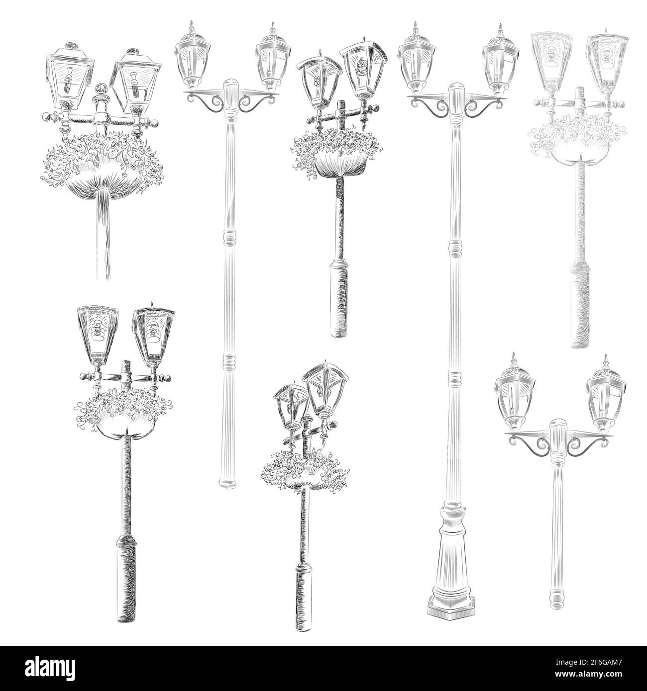 Lampadaire de rue, dessiné à la main, dessin noir et blanc avec fleurs  Image Vectorielle Stock - Alamy