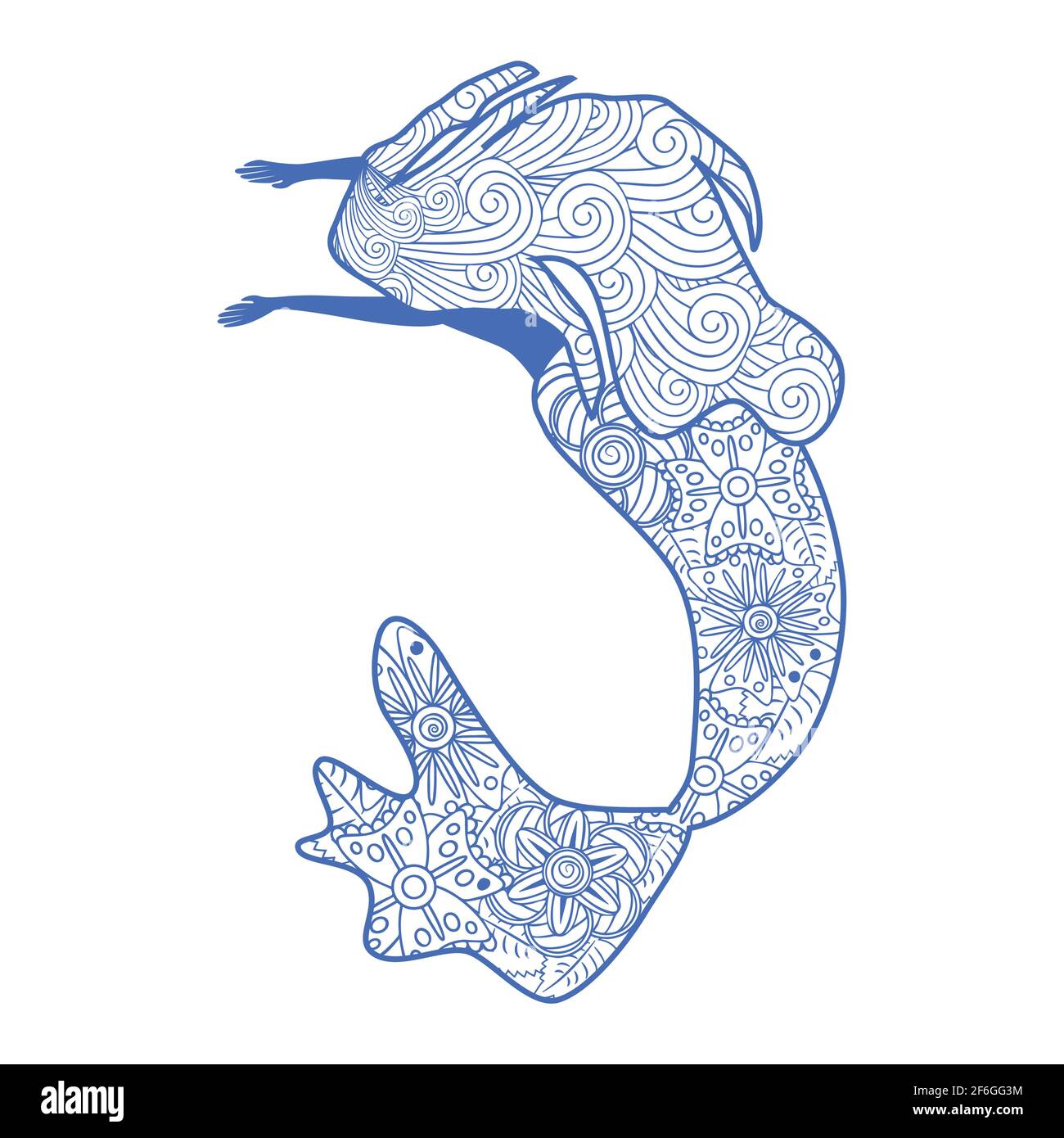 Belle sirène en style zentangle, queue de sirène à motifs, livre de coloriage anti stress pour adultes Illustration de Vecteur