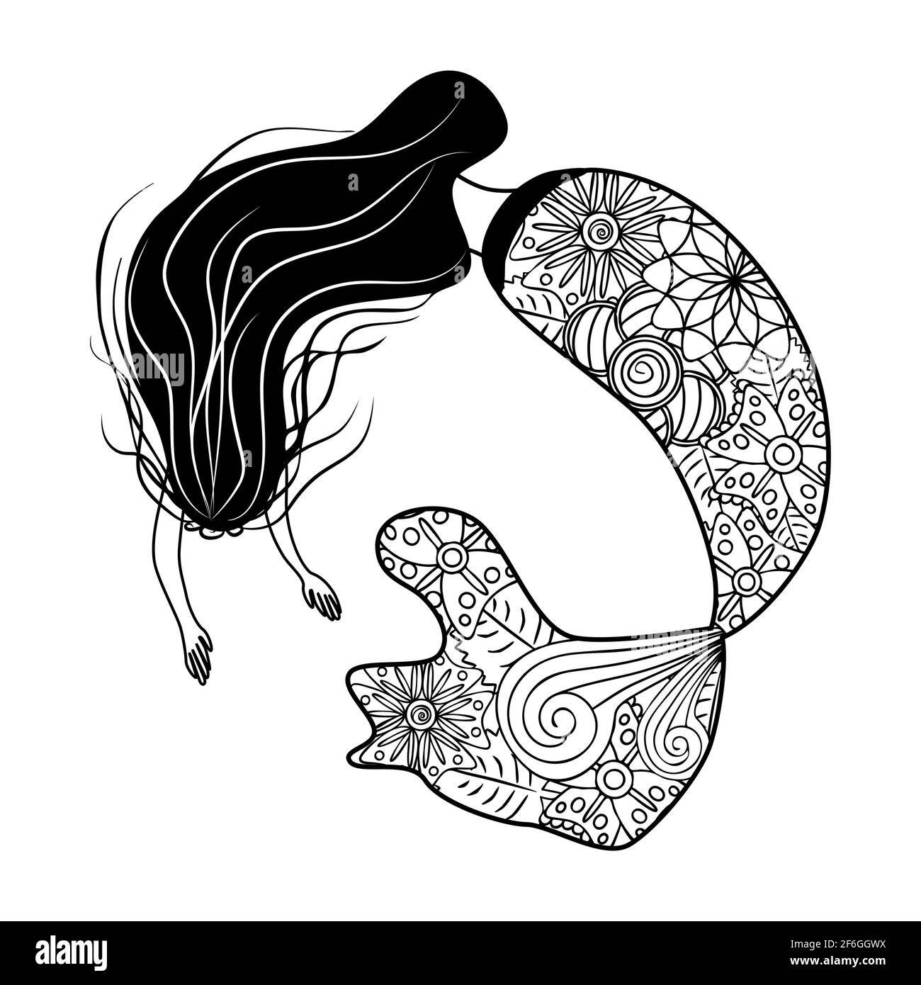 Belle sirène en style zentangle, queue de sirène à motifs, livre de coloriage anti stress pour adultes Illustration de Vecteur