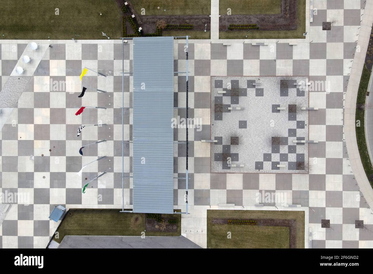 Une vue aérienne de l'entrée d'Indianapolis Motor Speedwa, le lundi 22 mars 2021, à Speedway, Ind. C'est la maison de l'Indianapolis 500 et de la BR Banque D'Images