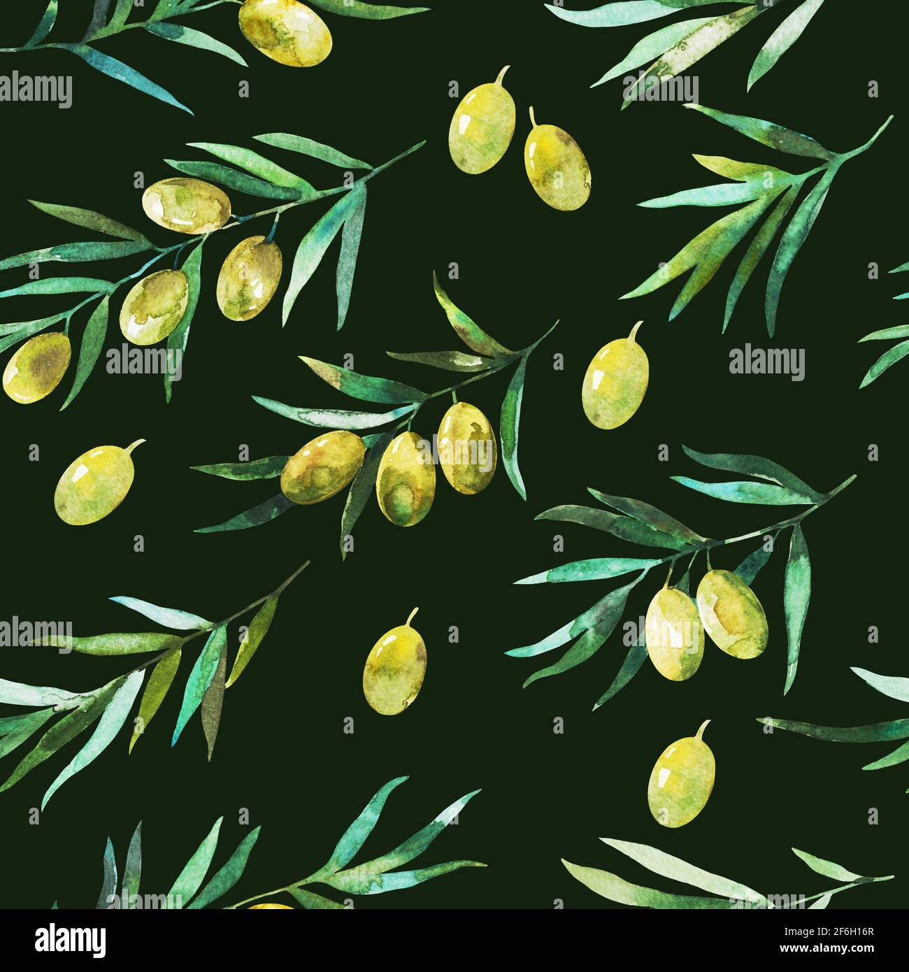 Motif sans couture avec branches d'olive et olives. Dessin à la main aquarelle Banque D'Images