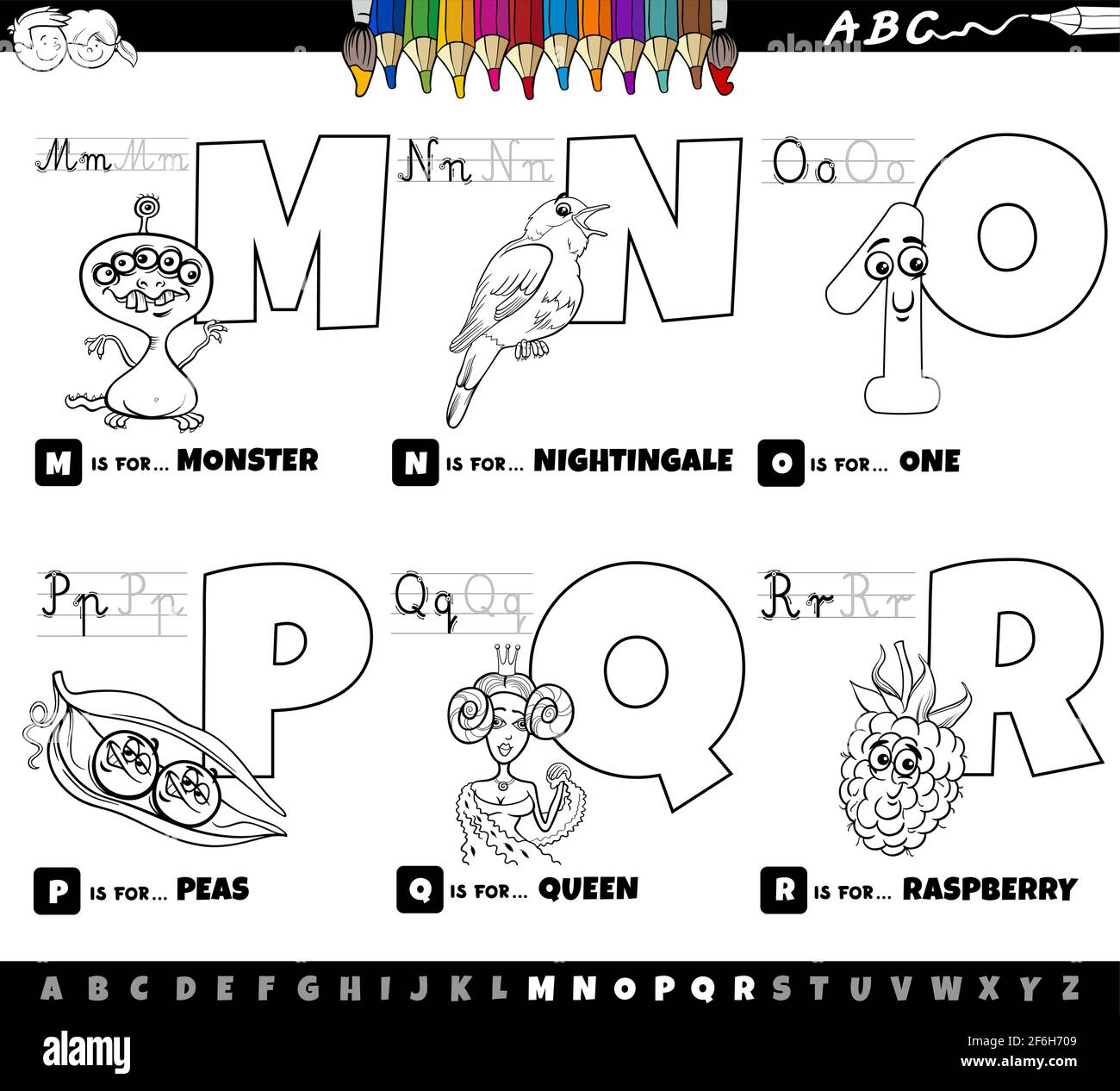 Dessin animé noir et blanc représentant des lettres majuscules de l'alphabet kit éducatif pour la pratique de la lecture et de l'écriture pour les enfants de Couleur M à R Illustration de Vecteur