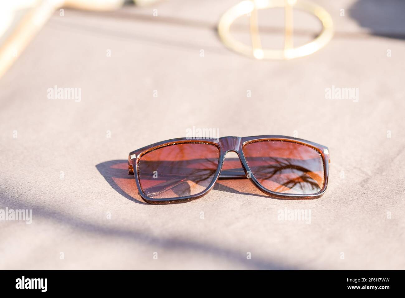 Lunettes de soleil classiques design pour hommes et femmes avec verres bruns et cadre brun Shoot à l'extérieur dans un jour d'été gros plan. Mise au point sélective Banque D'Images
