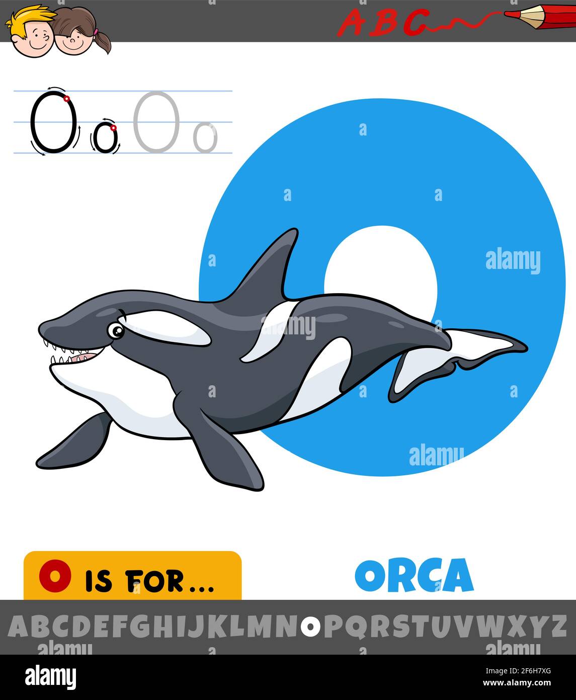Dessin animé éducatif de la lettre O de l'alphabet avec orque caractère animal pour les enfants Illustration de Vecteur