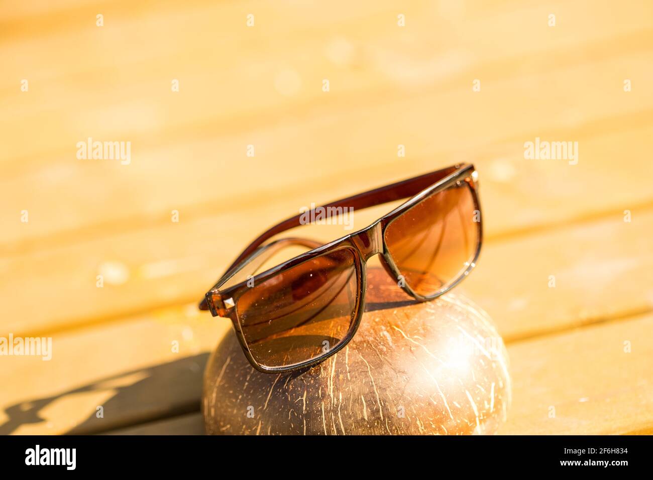 Lunettes de soleil classiques design pour hommes et femmes avec verres bruns et cadre brun Shoot à l'extérieur dans un jour d'été gros plan. Mise au point sélective Banque D'Images