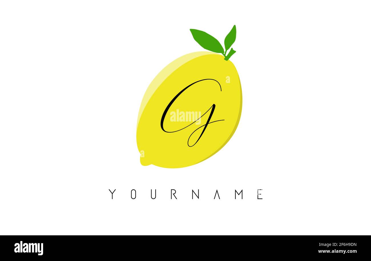 Logo lettre G manuscrit sur fond citron. Illustration vectorielle créative avec citron et lettre G. Illustration de Vecteur