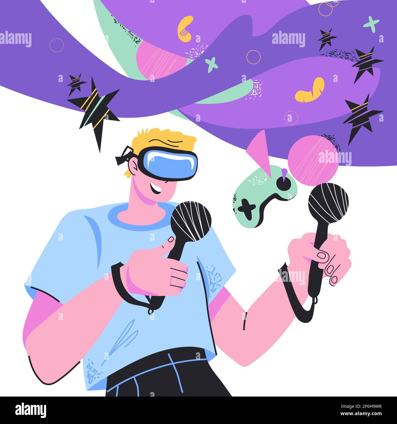 Bannière pour les jeux d'ordinateur VR avec l'homme dans les lunettes de réalité virtuelle jouant à des jeux interactifs 3d. Technologie de réalité augmentée et jeux informatiques, voiture Illustration de Vecteur