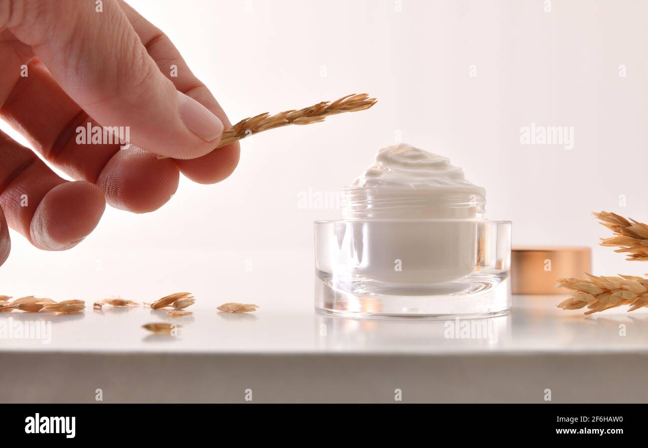 Crème hydratante pour le corps et le visage d'avoine dans un pot en verre avec pointes sur la table blanche et pointe de maintien à la main avec du blanc arrière-plan isolé Banque D'Images
