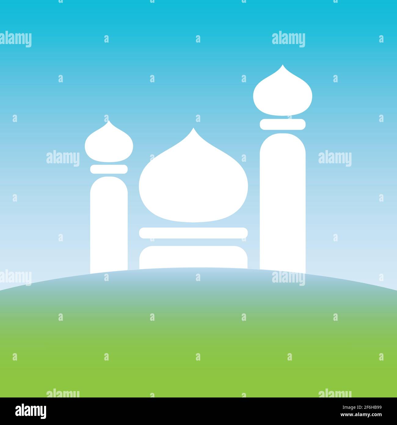 la silhouette de la mosquée au-dessus de la terre verte et sous l'image vectorielle du ciel bleu Illustration de Vecteur