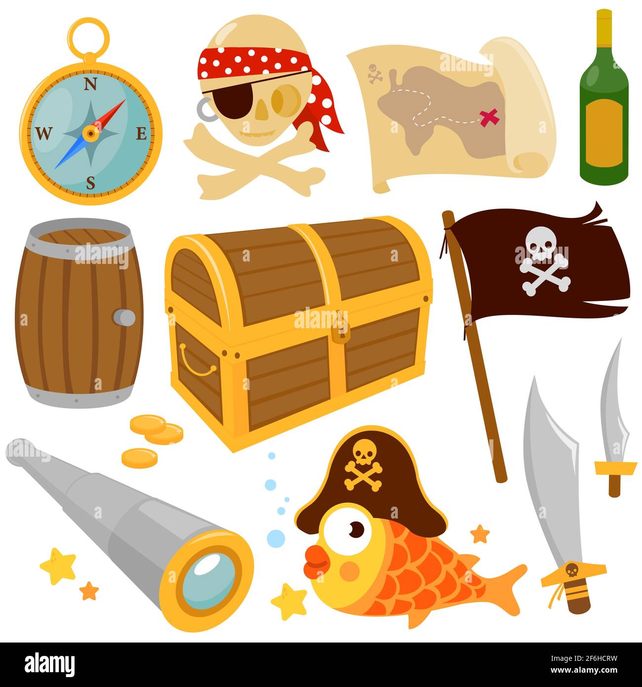 Collection d'objets pirates. Coffre au trésor, crâne de pirate, poisson, drapeau de pirate, boussole et épées de pirate. Aventure de bateau pour les pirates dans la mer. Banque D'Images
