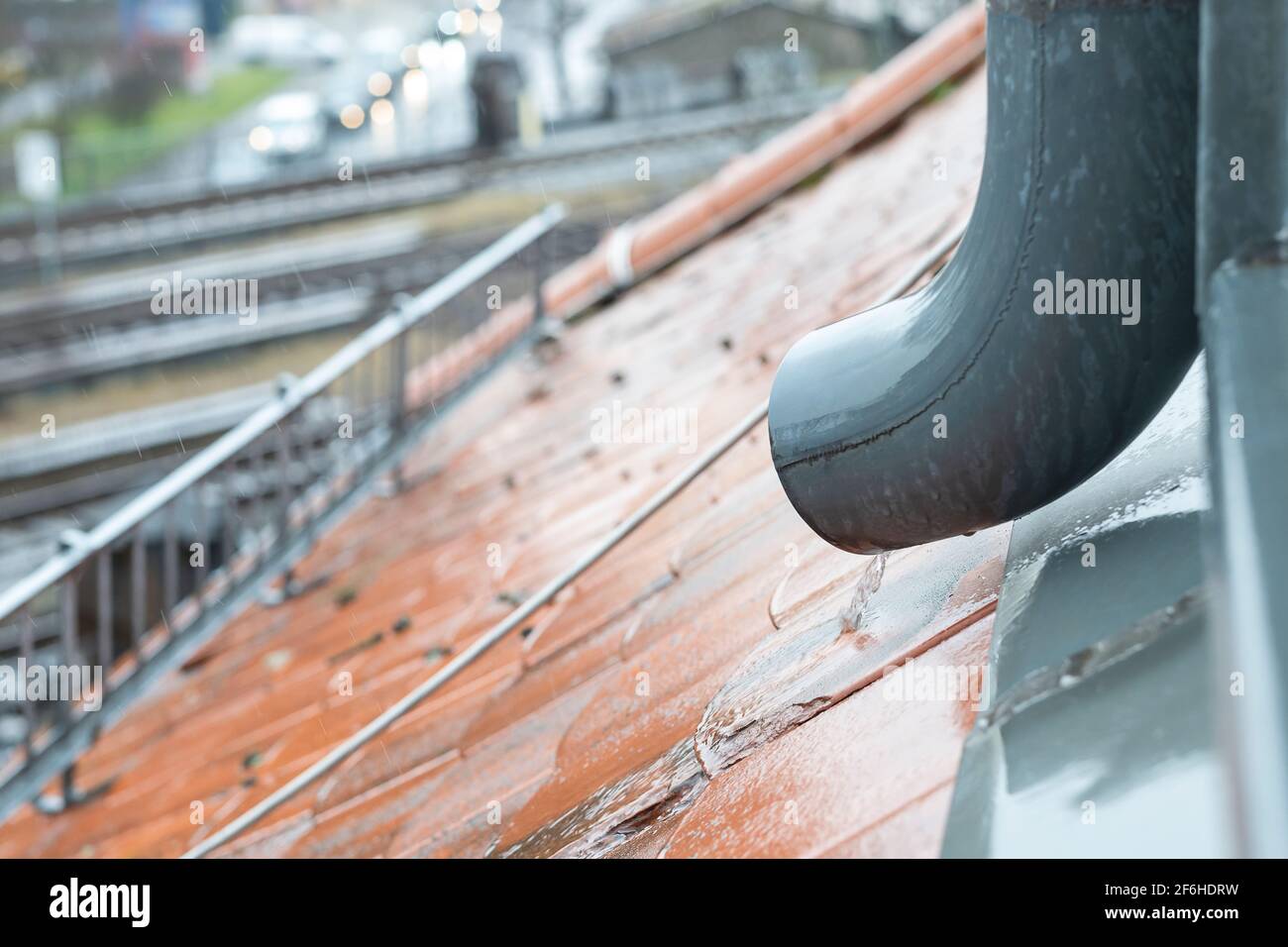 De l'eau de pluie s'écoule du tuyau de descente vers la canopée Banque D'Images