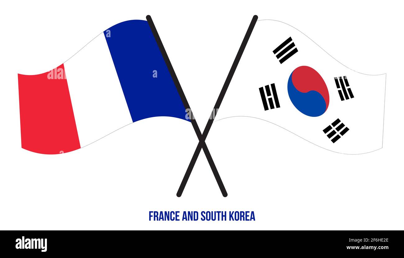 France et Corée du Sud drapeaux croisés et agitant le style plat. Proportion officielle