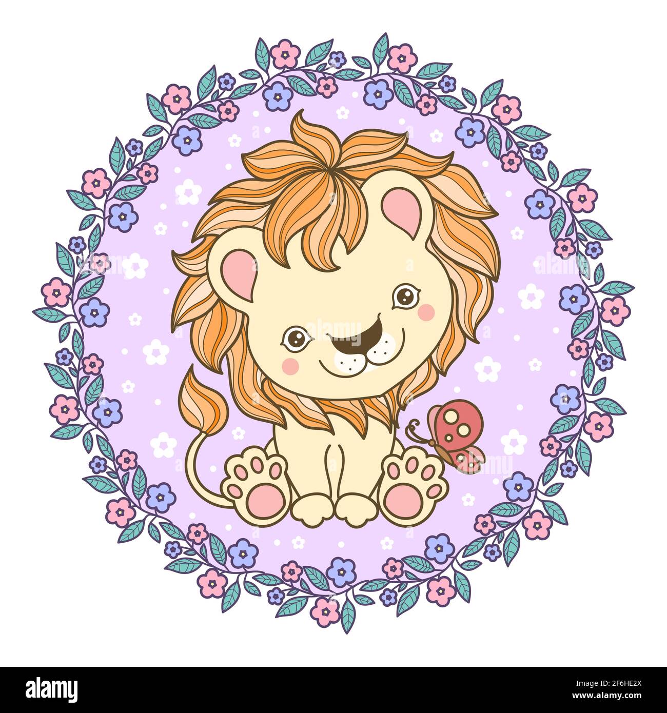 Mignon petit lion cub avec un papillon dans un cadre rond de fleurs. Illustration pour enfants. Vecteur Illustration de Vecteur