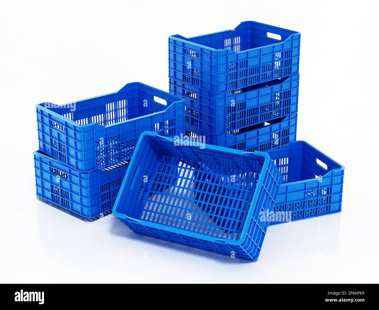 Pile de caisses de fruits isolées sur fond blanc. Illustration 3D. Banque D'Images