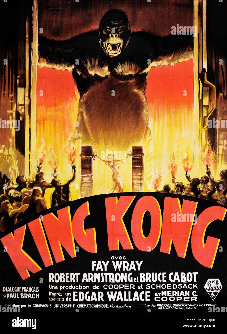 King Kong, affiche de film 1933. Avec Fay Wray, Bruce Cabot, Robert Armstrong et Frank Reicher. Aventure / fantaisie / action / romance. Version française Banque D'Images