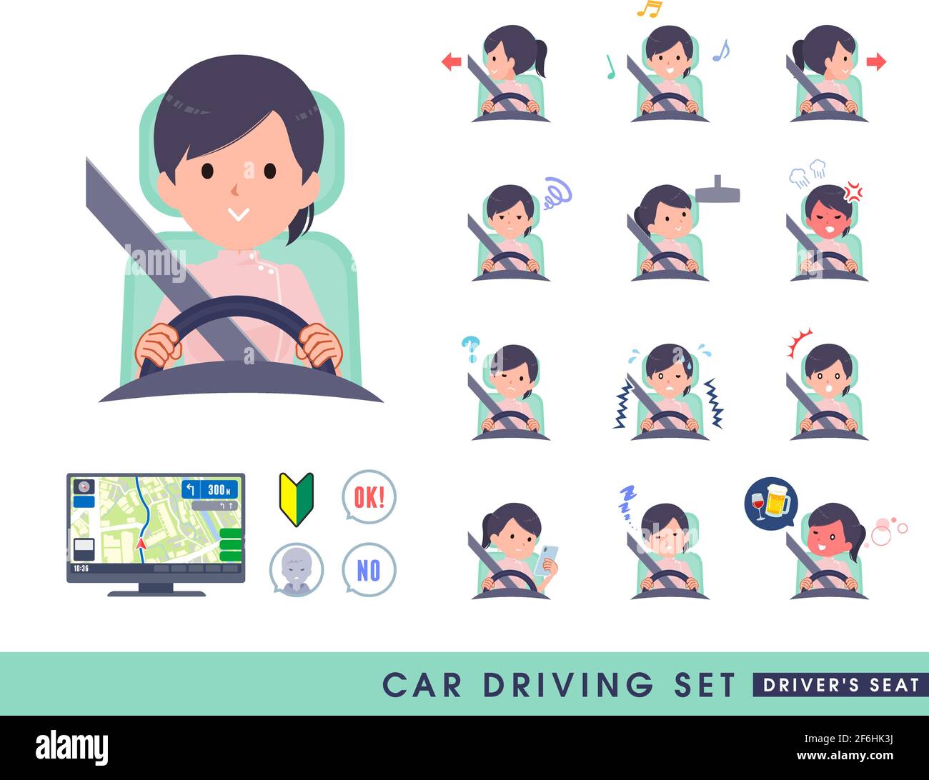 Un ensemble de femmes du personnel médical conduisant une voiture (siège de conduite).c'est l'art vectoriel si facile à éditer. Illustration de Vecteur