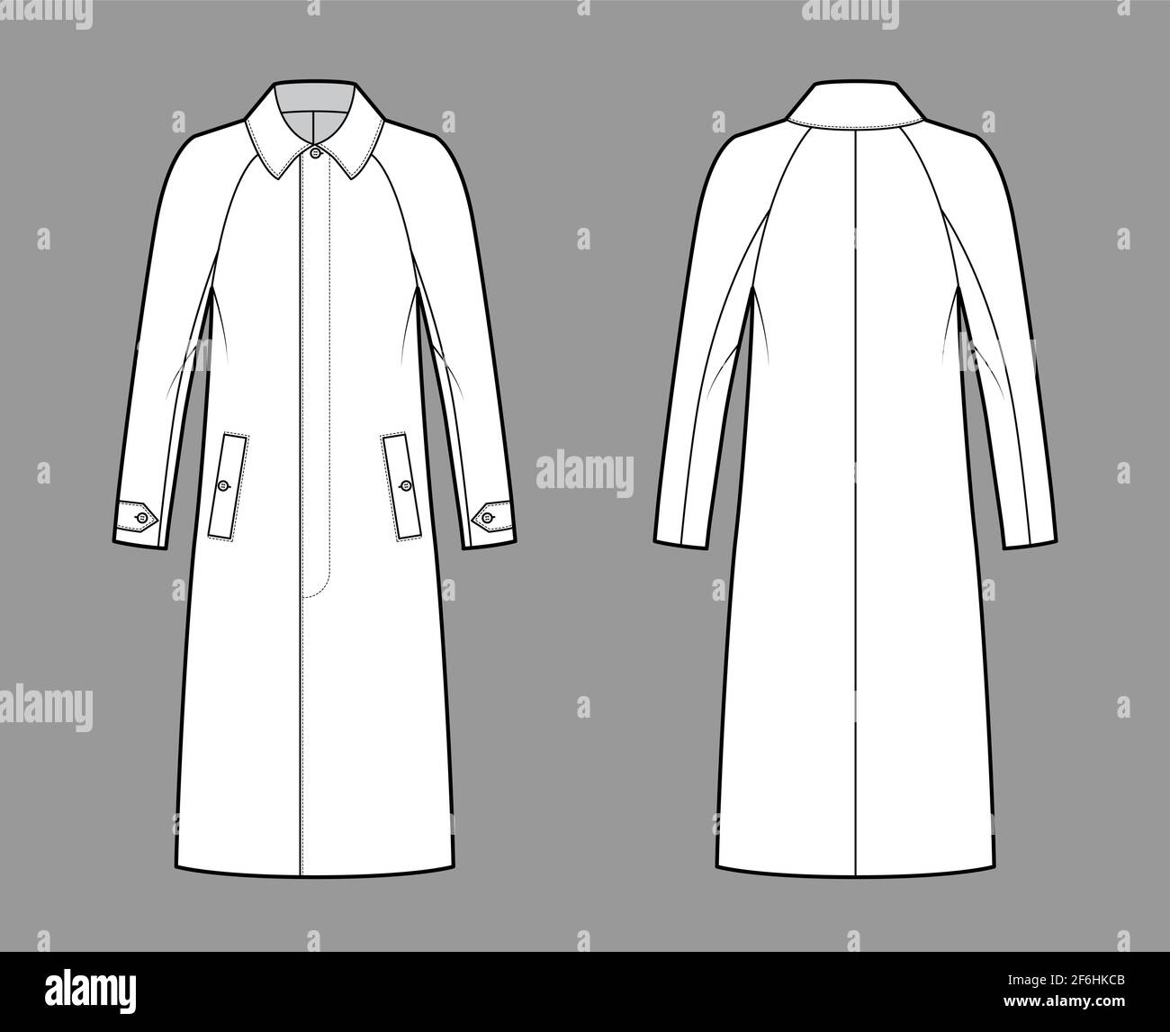 Mackintosh manteau technique mode illustration avec raglan manches longues,  corps surdimensionné, longueur midi. Modèle de veste plate en caoutchouc à  l'avant, à l'arrière et de couleur blanche. Femmes, hommes, unisex top CAD