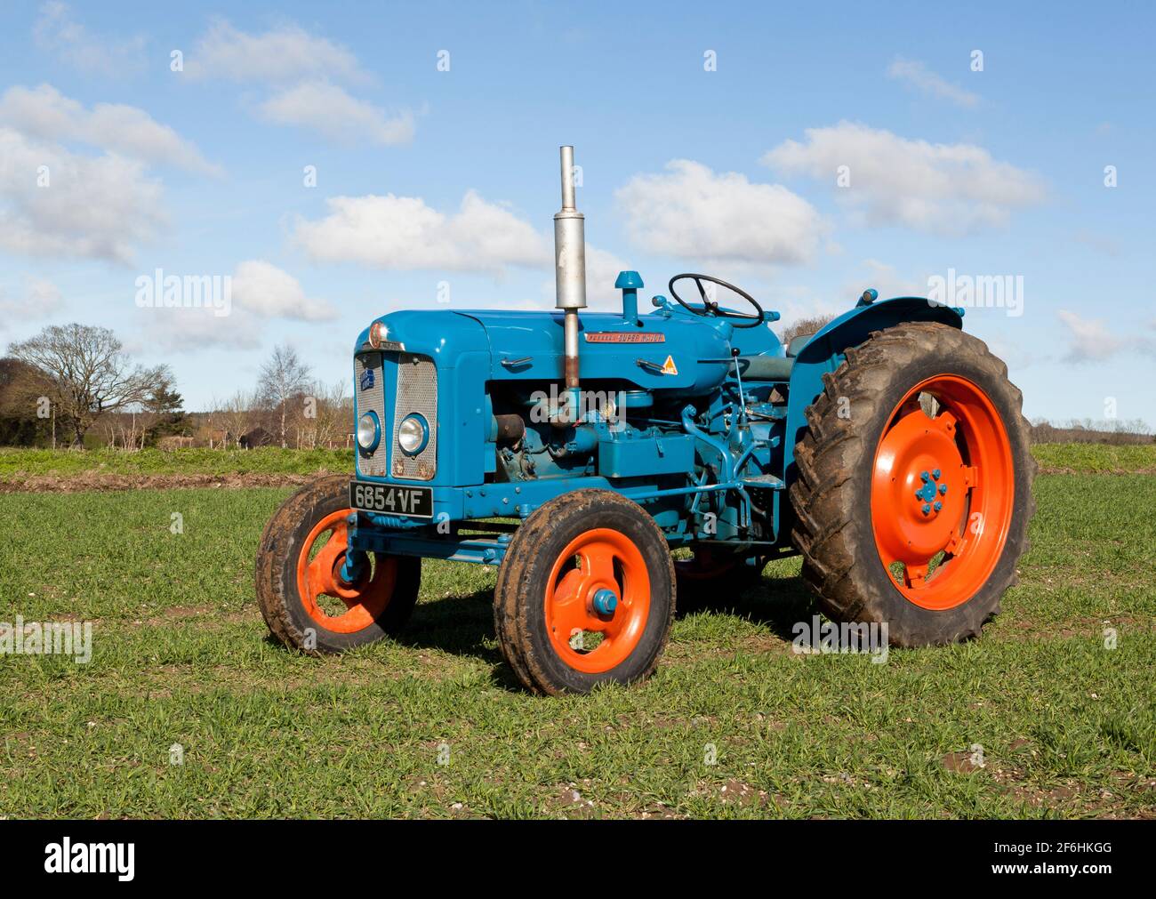 Fordson Super grand tracteur d'époque dans un champ percé avec Orge de printemps Banque D'Images