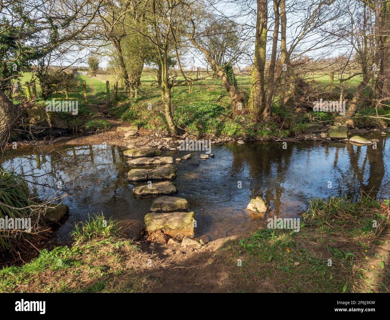Des pierres qui traversent la cramoisi de la rivière ou le cramoisi Beck à proximité Follifoot Harrogate North Yorkshire Angleterre Banque D'Images