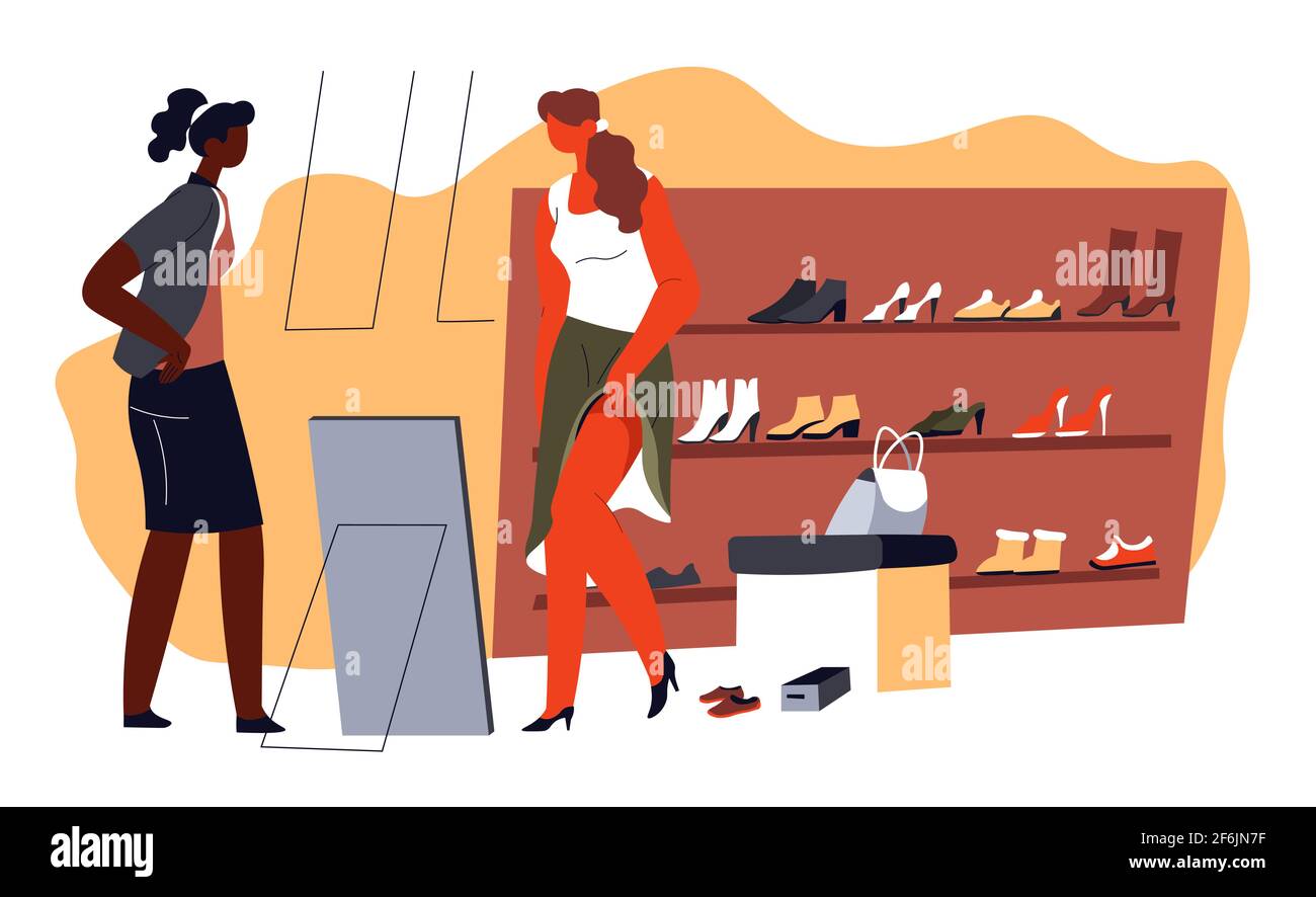 Femme choisissant d'acheter de nouvelles chaussures dans le centre commercial Illustration de Vecteur