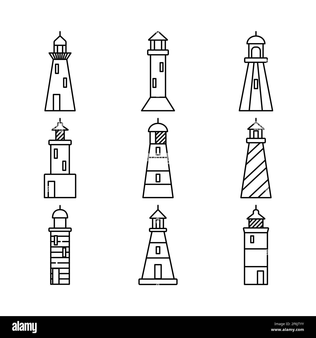 Icônes de phare dans le style de ligne mince isolé sur blanc. Illustration des symboles de construction nautique. Illustration de Vecteur