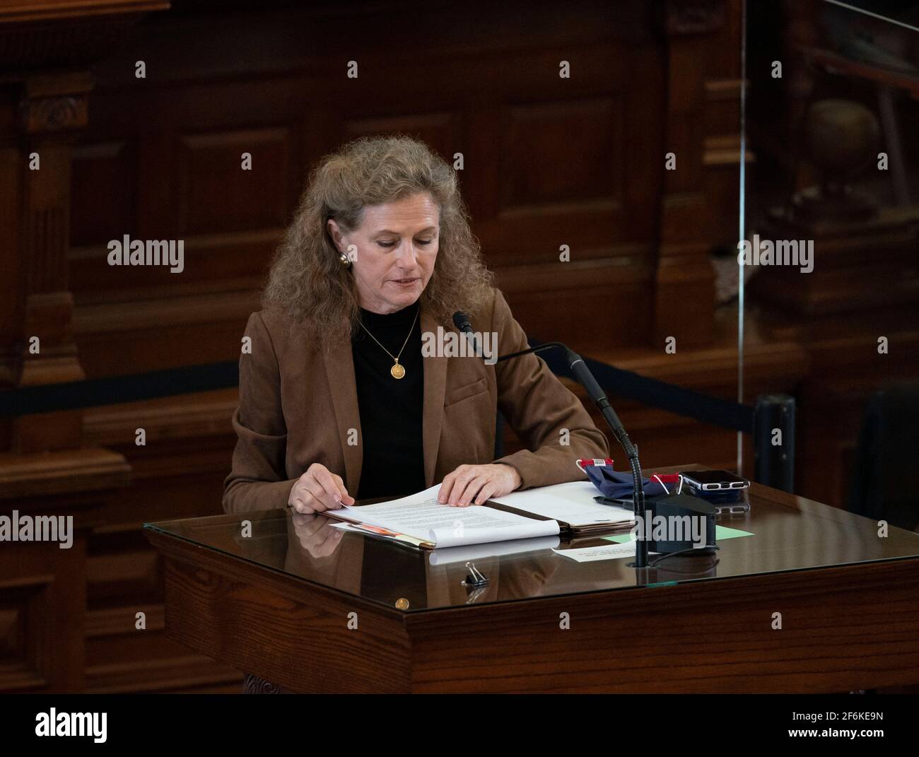 Austin, TX États-Unis 31 mars 2021: La Représentante d'État Donna Howard, D-Austin, sur le plancher de la Chambre des représentants du Texas, lors de la lecture courante du projet de loi à la 87e session législative du Texas. ©Bob Daemmrich Banque D'Images