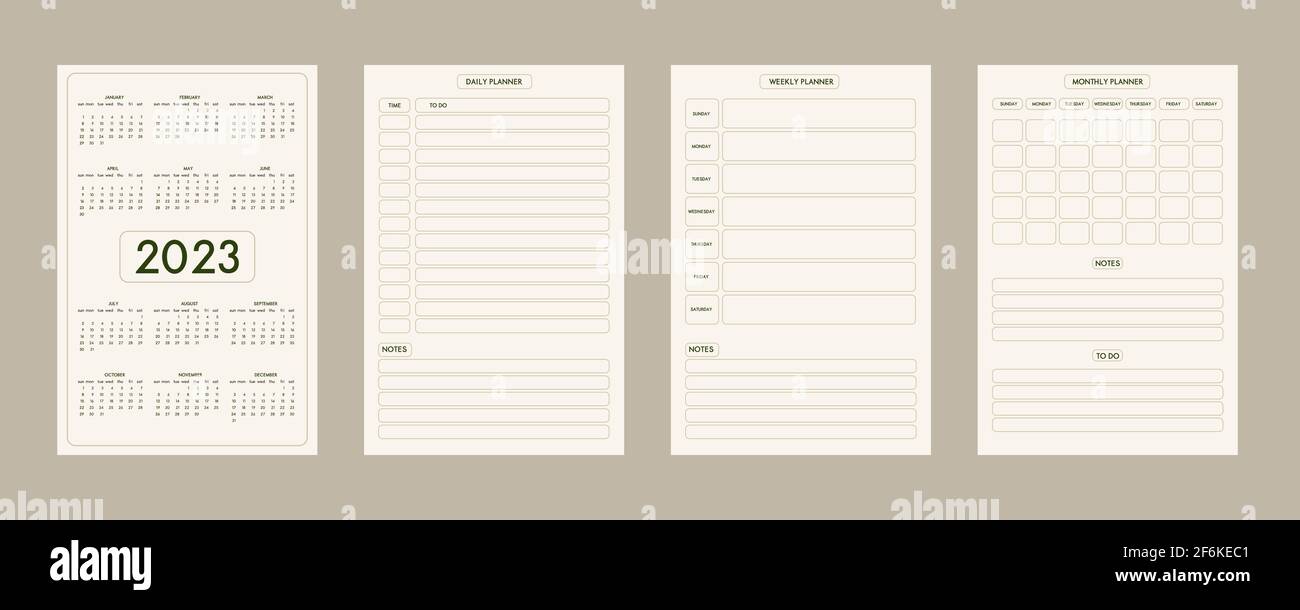 Calendrier 2023 Hebdomadaire 2023 Calendrier Quotidien Hebdomadaire Mensuel Personnel Agenda Modèle  Style Minimaliste Tendance, Pastel Beige Olive Couleur Naturelle. La  Semaine Commence Le Dimanche Image Vectorielle Stock - Alamy