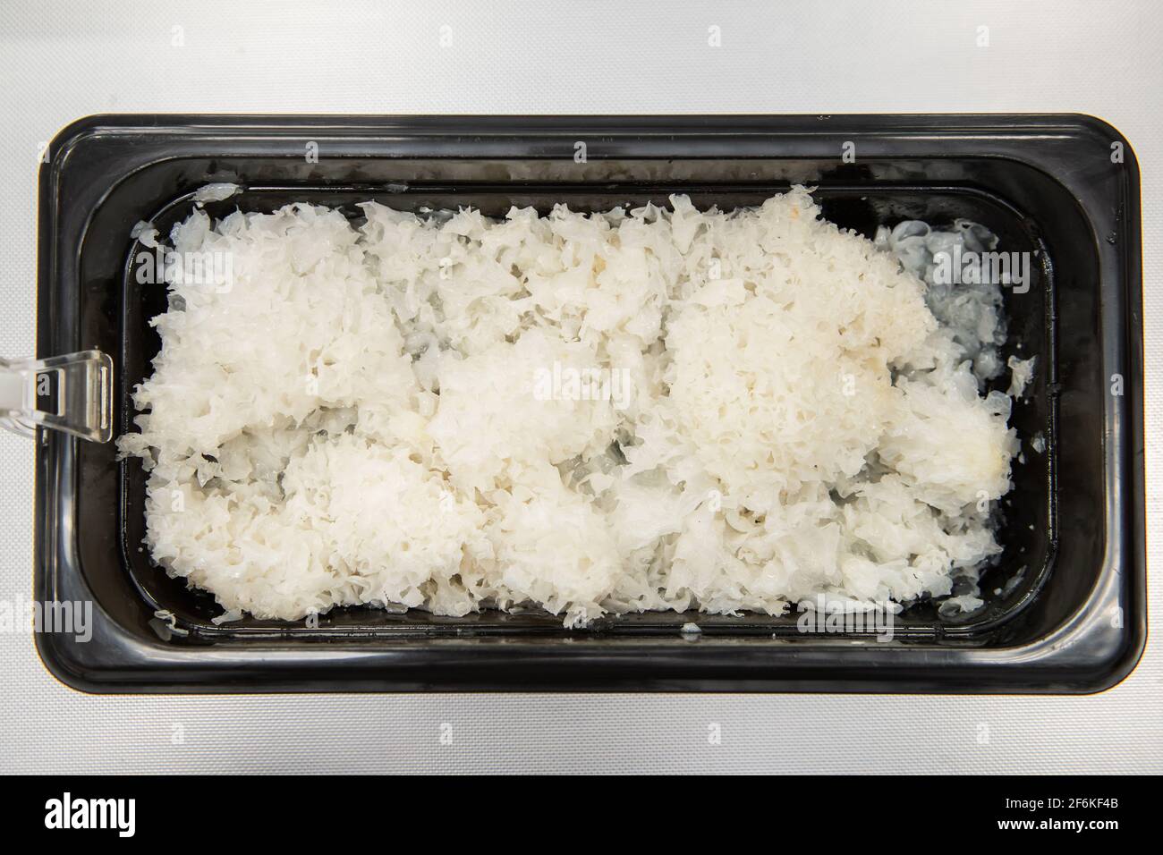 Salade coréenne de champignons des neiges marinés dans un récipient en plastique Banque D'Images