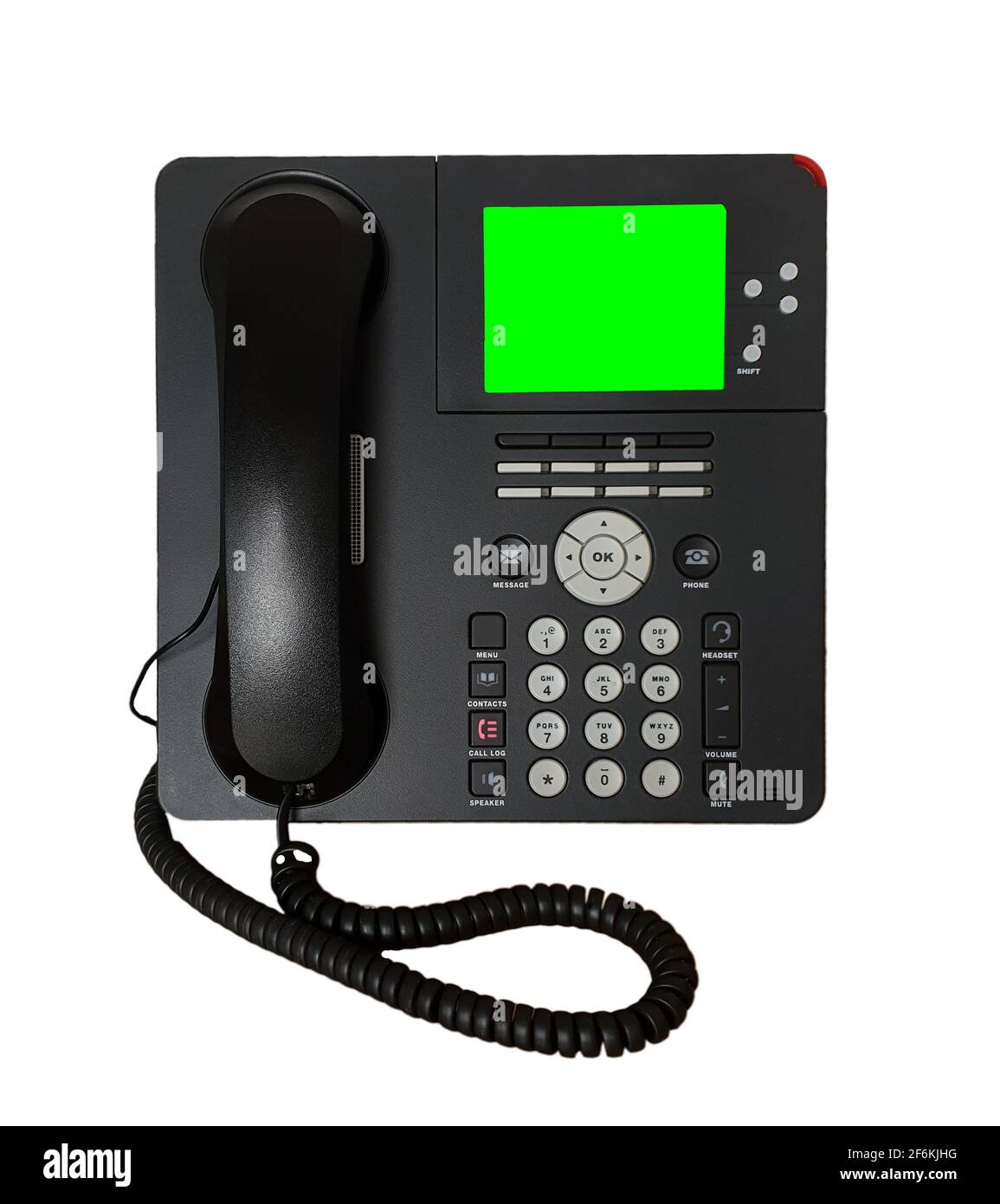 Téléphone de bureau moderne noir multi-boutons IP isolé sur fond blanc avec espace de copie écran vert vierge. Banque D'Images
